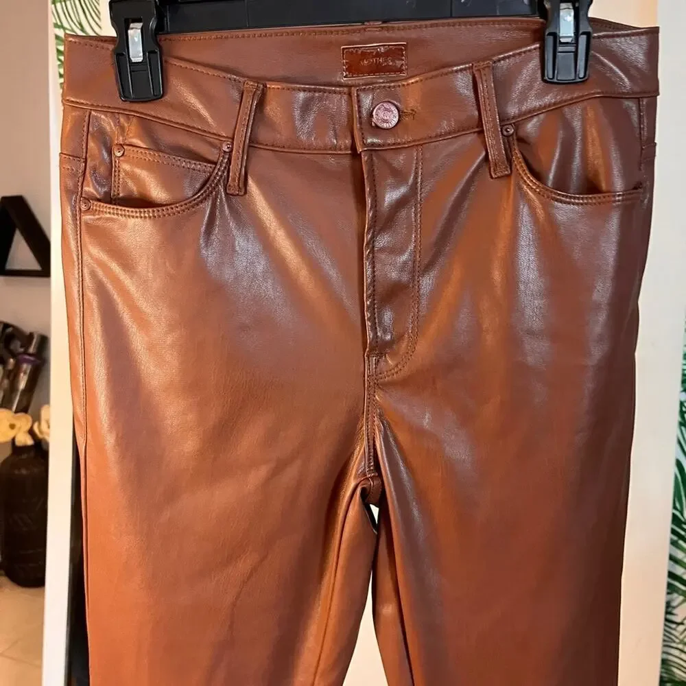 Mother Mid Rise Dazzler Jeans Faux Leather in Friar Brown size 29